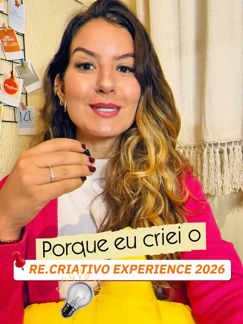 Izabelle Rezende com uma almofada de estrela e o texto “Porque eu criei o Re.Criativo Experience 2026”